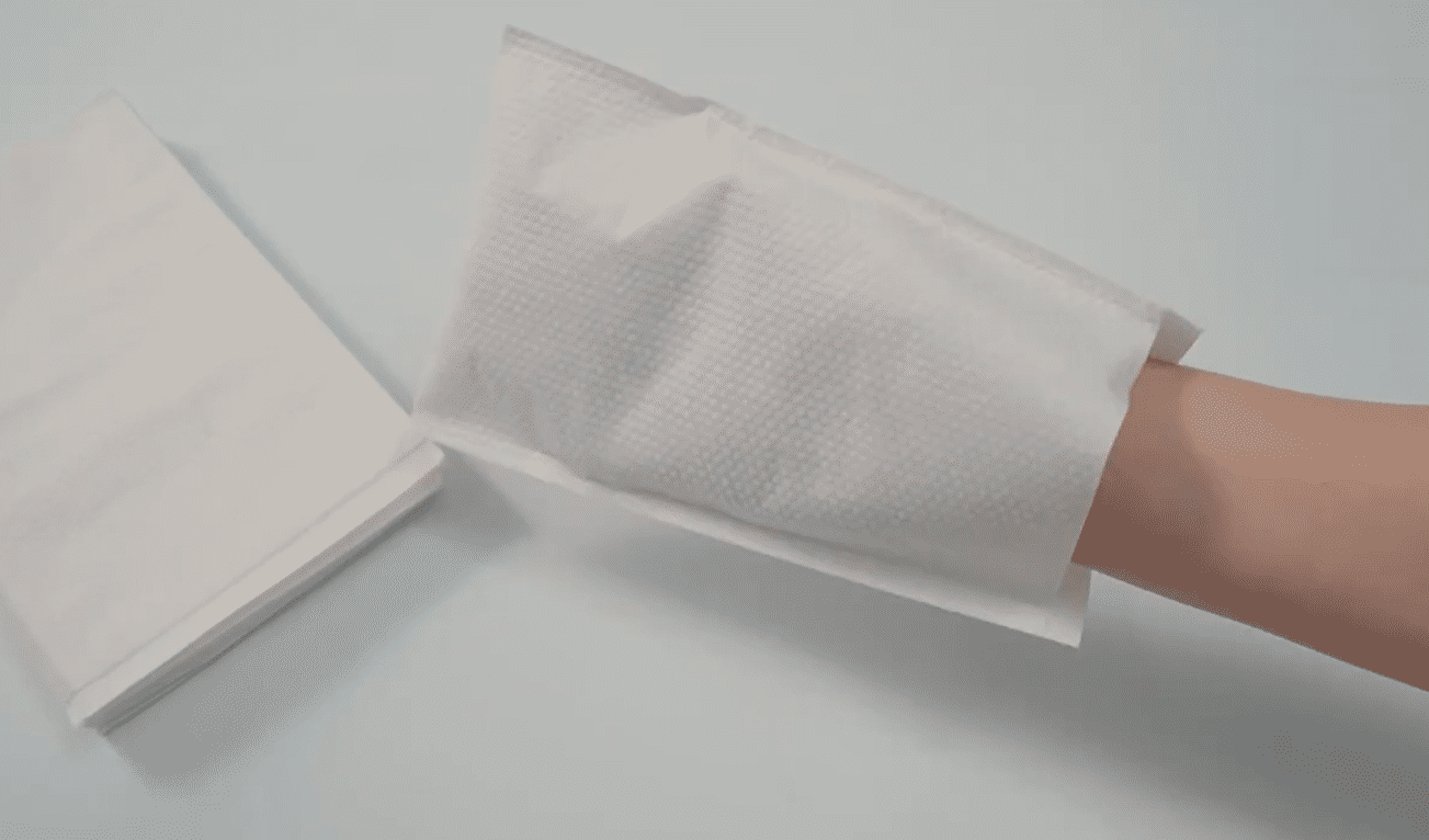 Luvas descartáveis de lavagem em tecido não tecido, antibacterianas, ecológicas e com formato retangular.